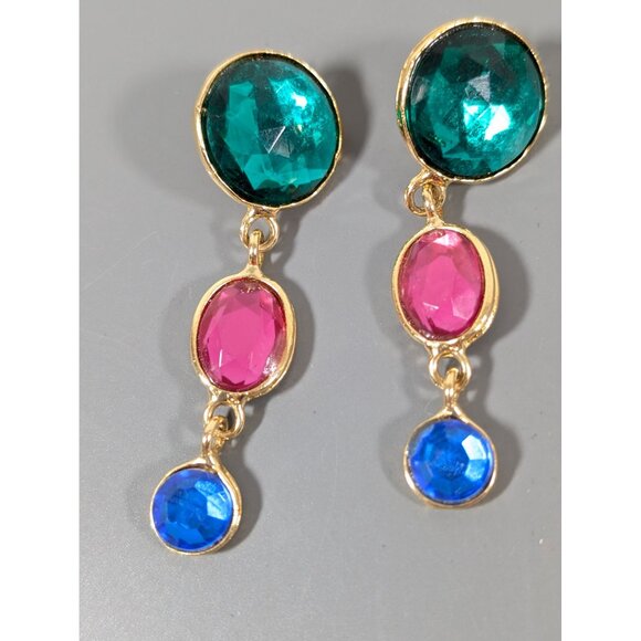 Retro Jewel Tone Dangle Earrings Gold Tone Green Pink Blue Bold Statement - Picture 5 of 8